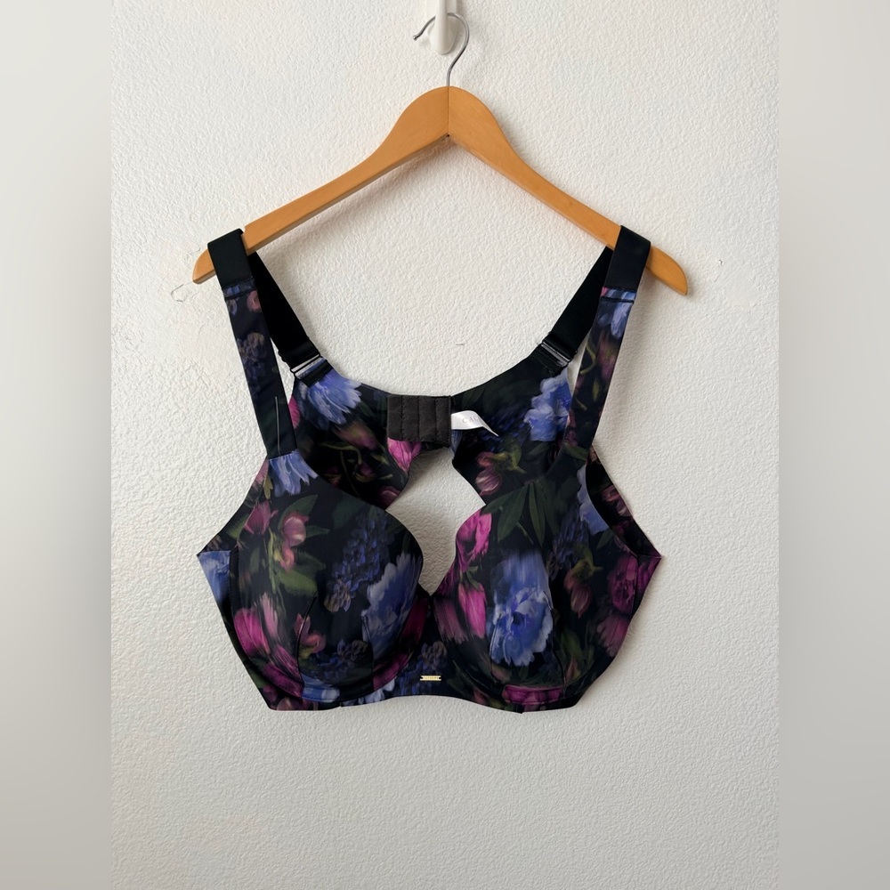 Cacique Lightly Lined Full Support Bra Black Pink Purple Floral Sz 44C